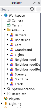 Roblox Studio Explorer showing the build sorted into folders like Barriers, Cars, Grandstand and Track