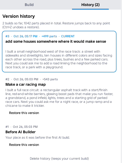 The History tab listing each build with a summary and a Restore button