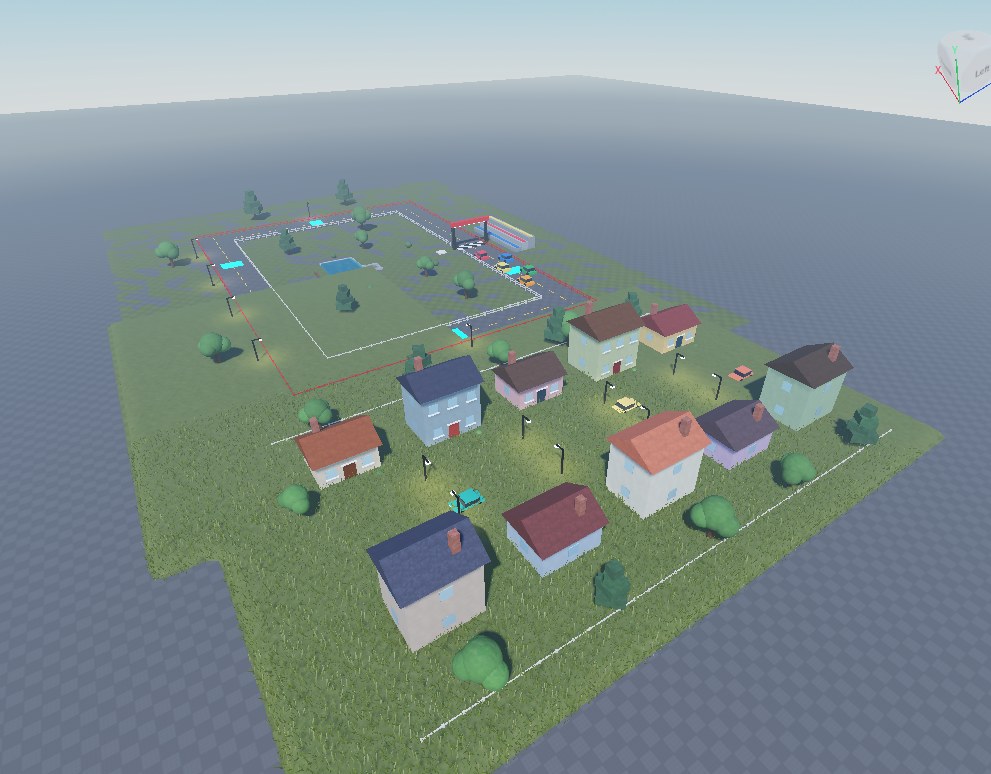 A Roblox map built by Blox Terminal: a race circuit with barriers and a grandstand next to a neighborhood of ten colorful houses
